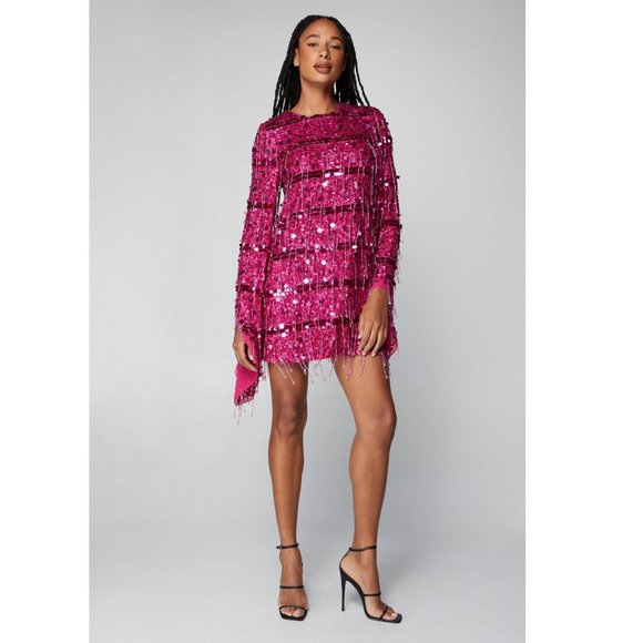 Hot Pink Beaded Tassel Flare Sleeve Mini Dress - Picture 2 of 8